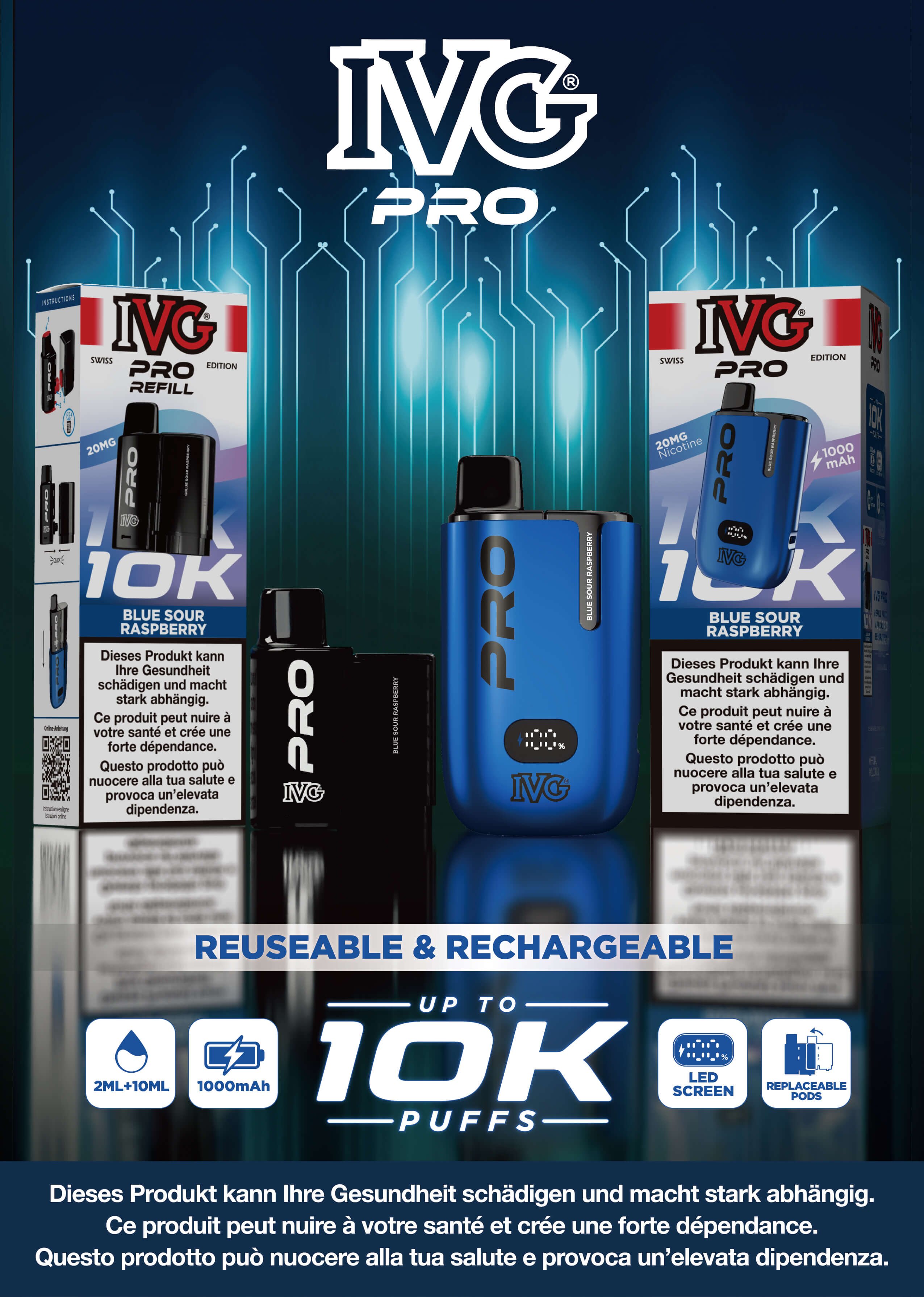 IVG PRO E-Cigarette in Blue Sour Raspberry - Reusable Vape Kit and Refill Packaging