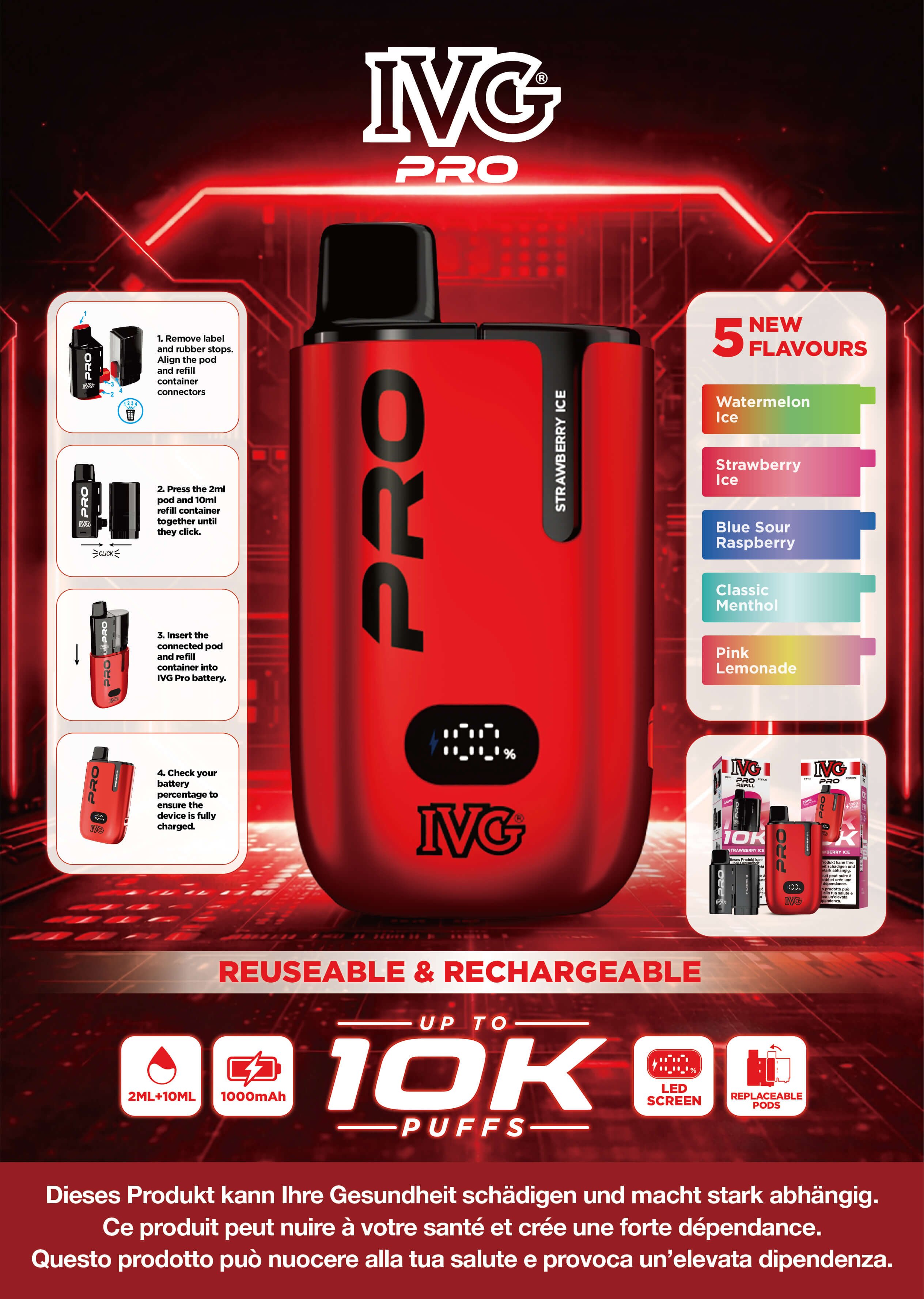 IVG PRO E-Cigarette Overview: 10,000 puffs, rechargeable 1000mAh battery, 2ml pod with 10ml refill and 5 flavors