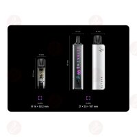 Die Parameter des ELFA Master Geräte werden Präsentiert. Von Links nach Rechts: Grösse: 21 x 25 x 90 mm; Batteriekapazität: 850 mAh; Ladeanschluss: Type-C.